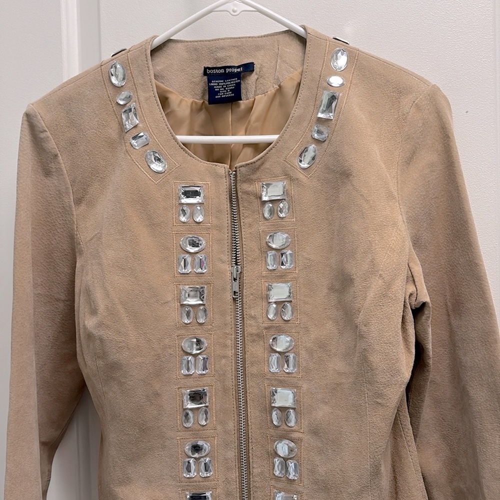 Boston Proper Rhinestone Accented Zip-Up Suede Leather Jacket Size 8 - Picture 4 of 13